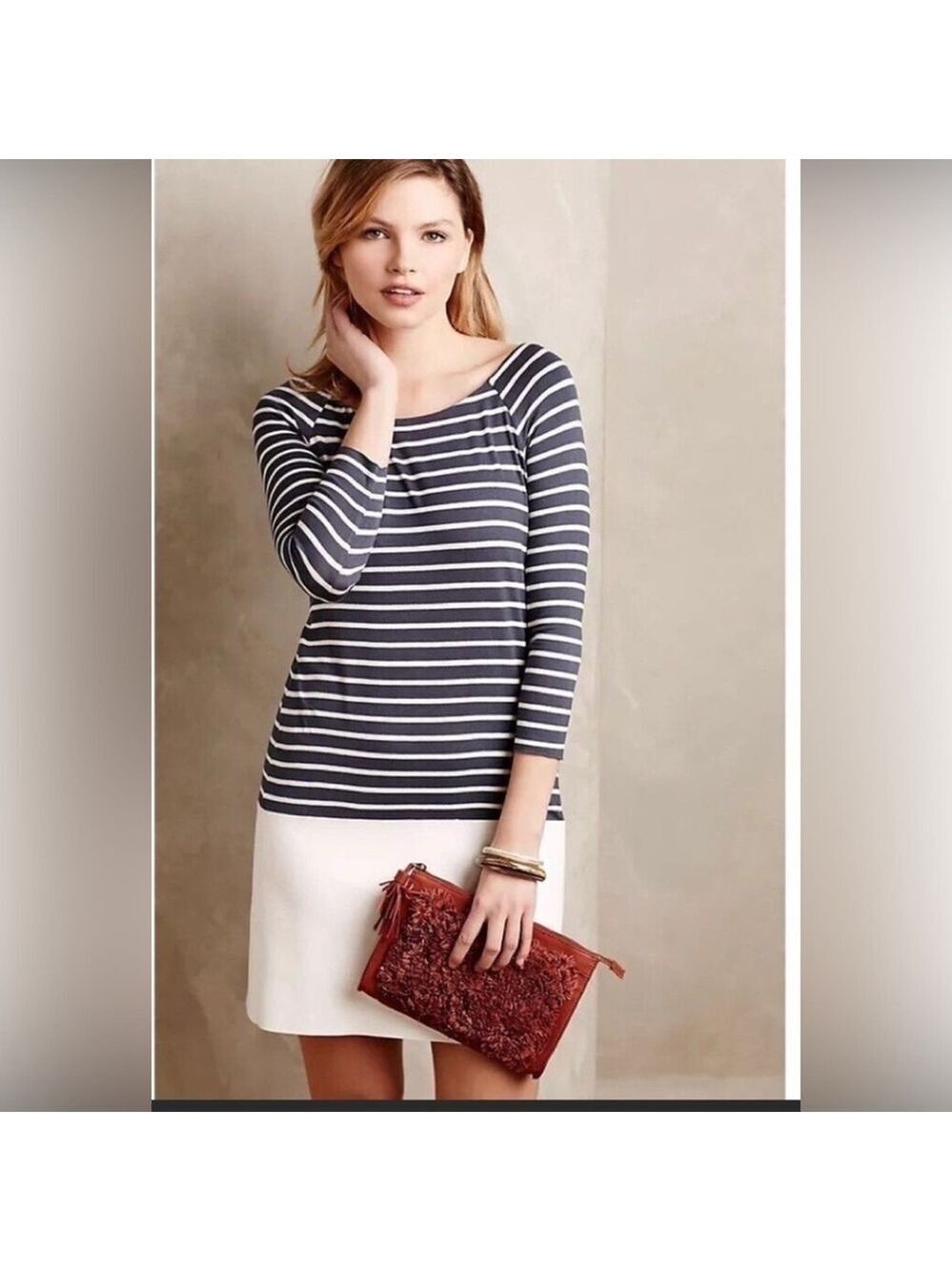 Anthropologie BAILEY 44 Stripe Dress With Vegan Leather Hem SZ M Blue White